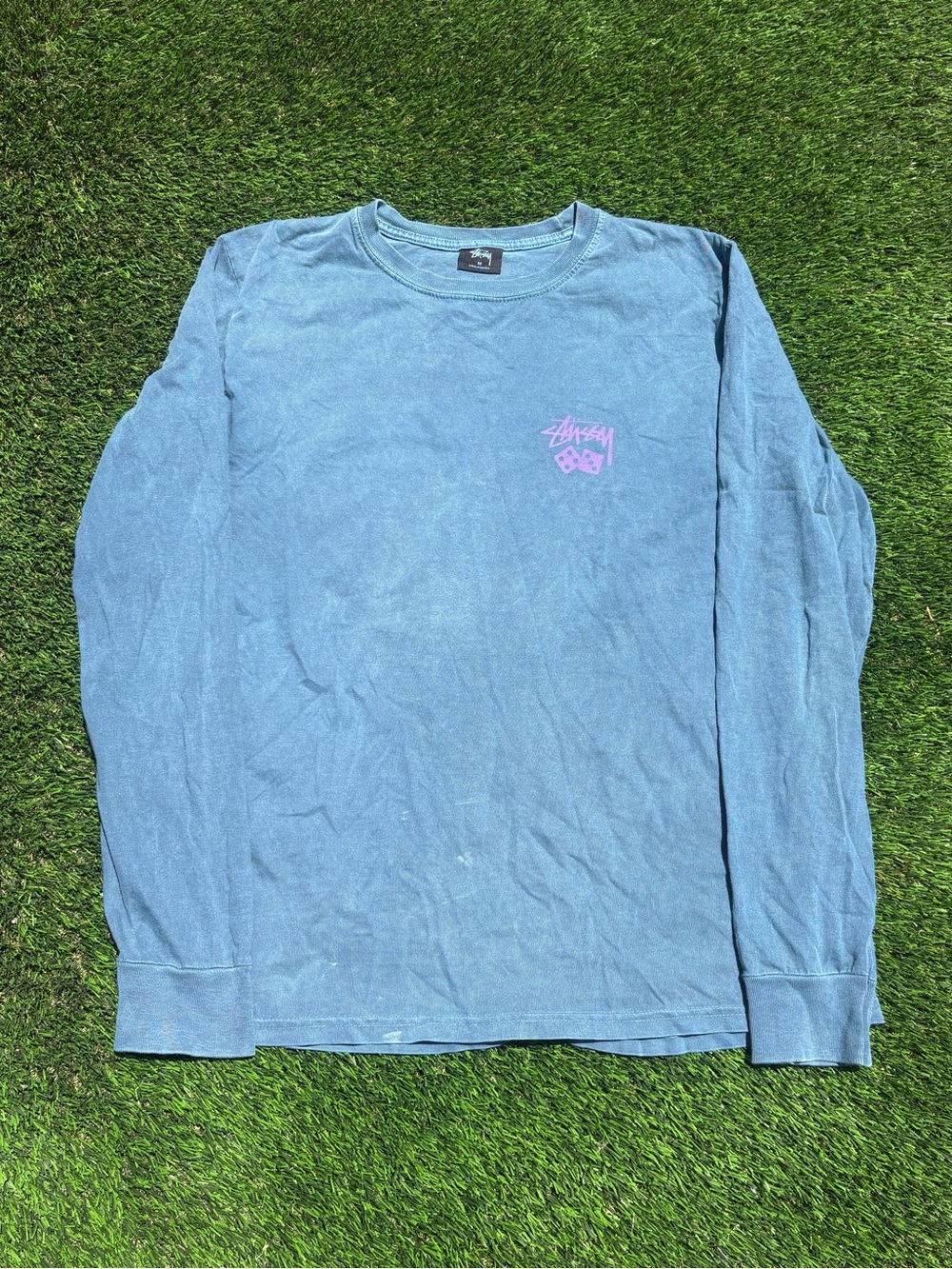 Stussy Dice Dyed Blue Long Sleeve Tee with Purple Chest Logo